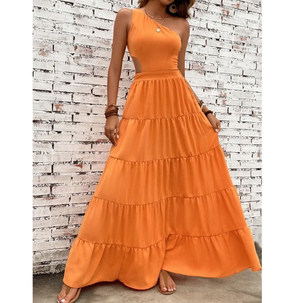 Vibrant One Shoulder Tie Back Stretchy Waist Maxi Dress - Picture 9 of 11
